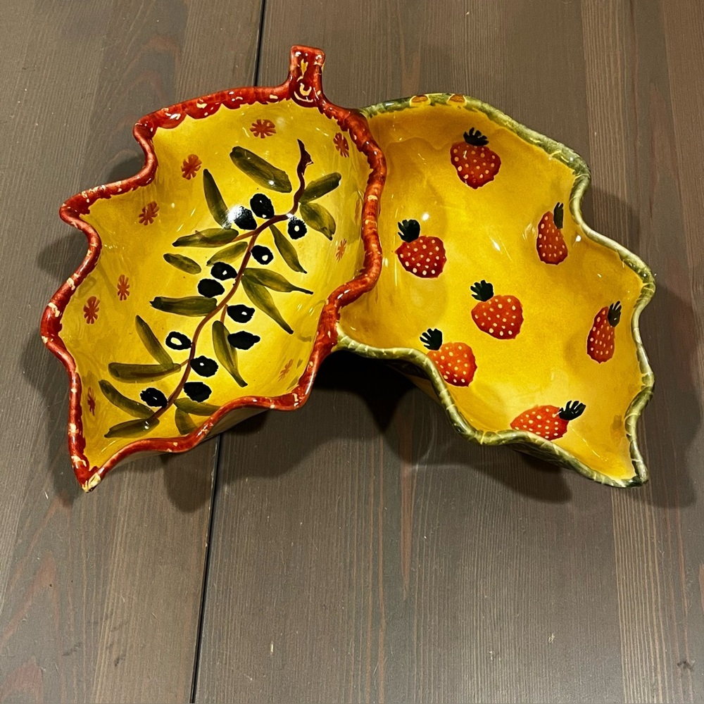 Vintage Italica ARS Divided Leaf Dish Hand painted Pottery Italy Olives Berries